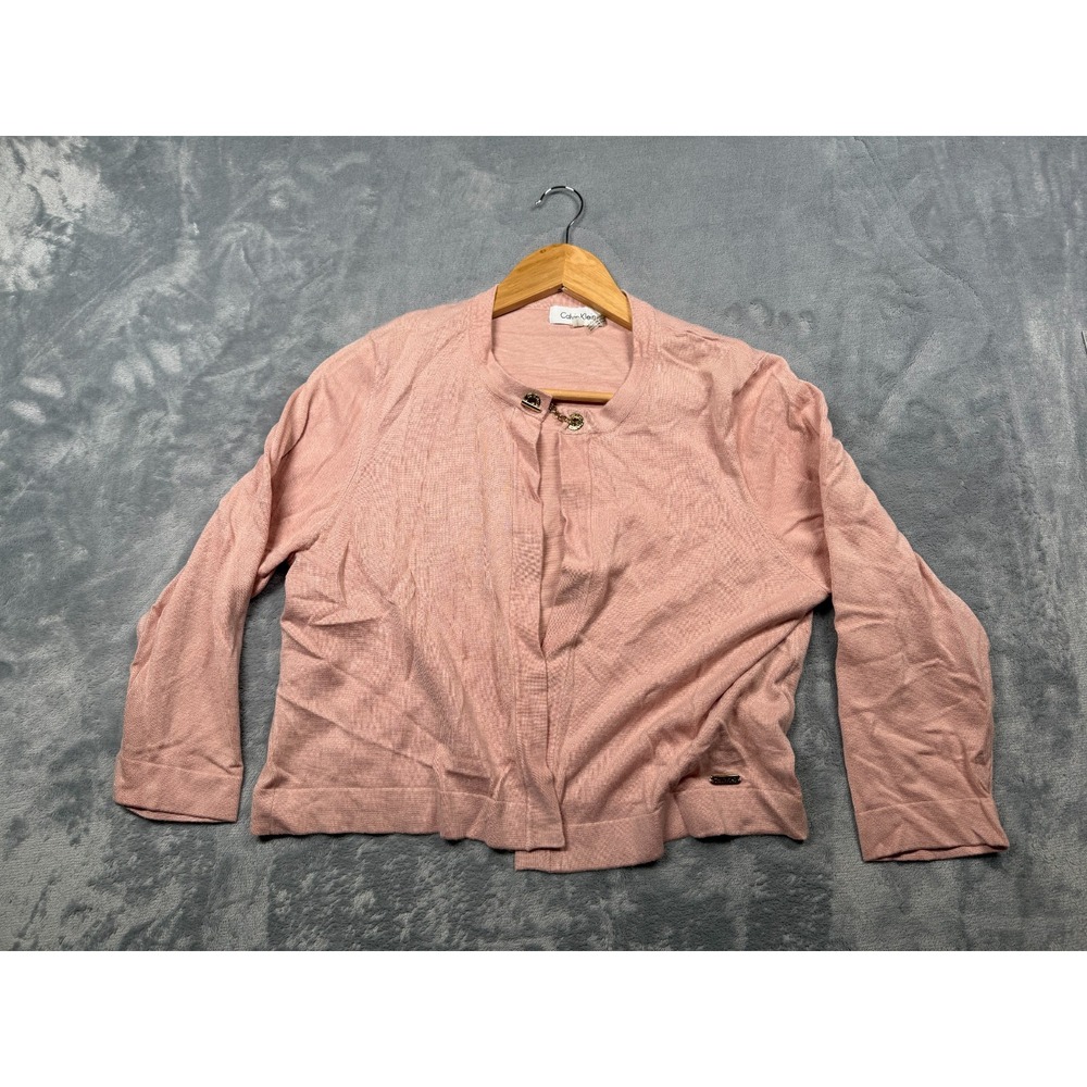 Calvin Klein Cardigan Sweater Women Large Pink Tight Knit Gold-Toned Clasp Front